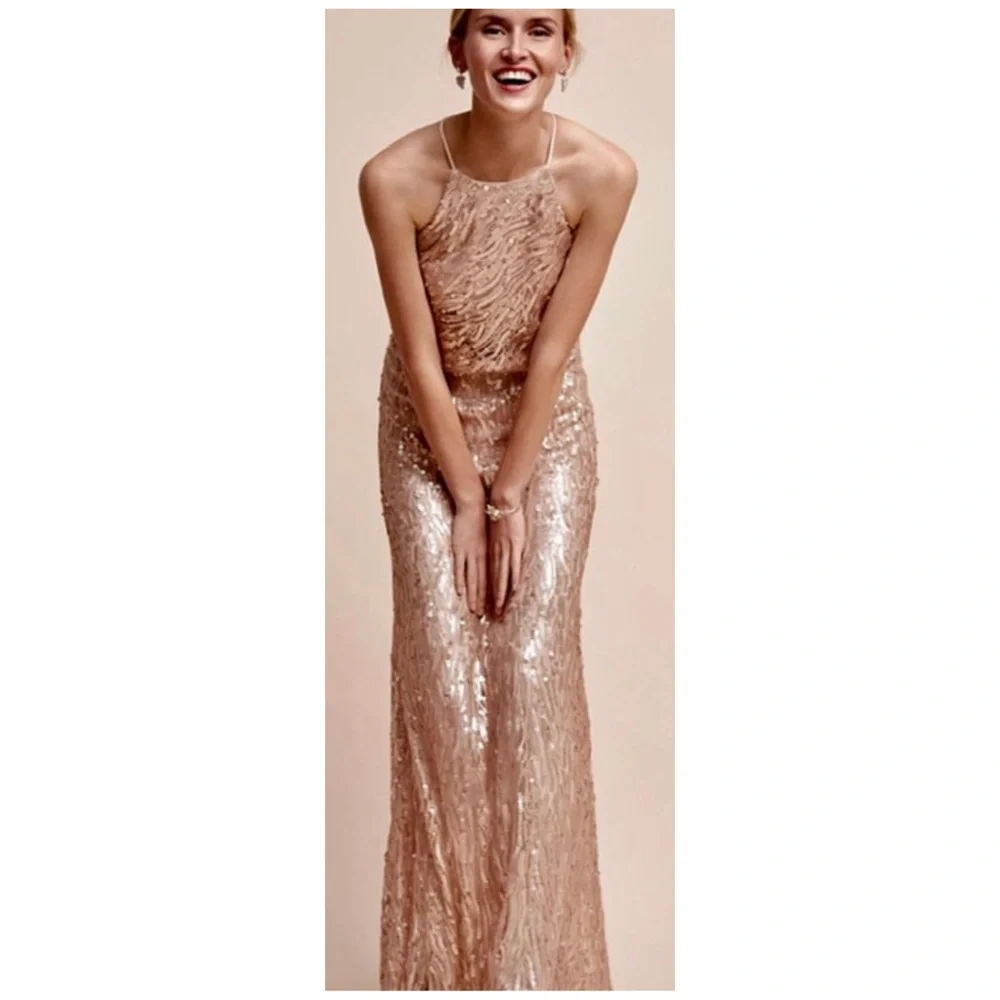 New Donna Morgan x BHLDN Alana size 10 Gold Sequin Maxi Gown - Picture 6 of 10